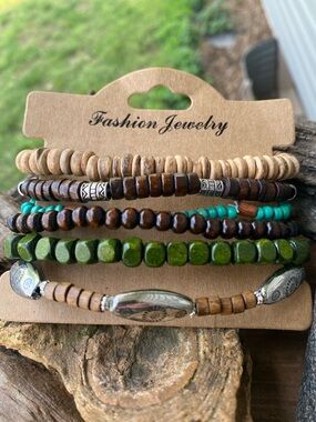 Hand Crafted Multistrand Earth Tone and Green Beaded Bracelet Set